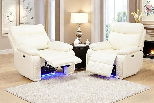Beige Leather Power Recliner Chairs, Two Reclining Sofa Chairs with Comfortable Armrest and Backrest, Living Room Furniture Sets with LED Home Theater Seating for Living Room, Bedroom