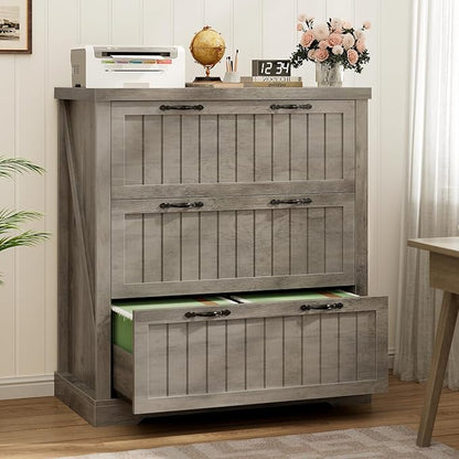 SEDETA 3 Drawer File Cabinet, Farmhouse Filing Cabinet for Home Office, Wood Office File Cabinets for Letter/Legal/A4 Size, Lateral File Cabinets with Printer Stand for Study Room, Living Room (Grey)