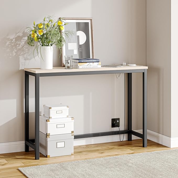 BOFENG Narrow Console Table with Outlet,Thin Sofa Table with Charging Station,41.5 Inch Small Entryway Table,for Hallway,Bedroom,Living Room,Foyer,White Oak