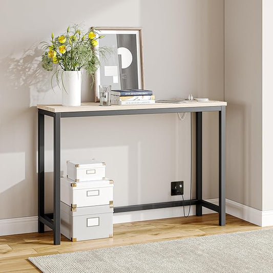 BOFENG Narrow Console Table with Outlet,Thin Sofa Table with Charging Station,41.5 Inch Small Entryway Table,for Hallway,Bedroom,Living Room,Foyer,White Oak
