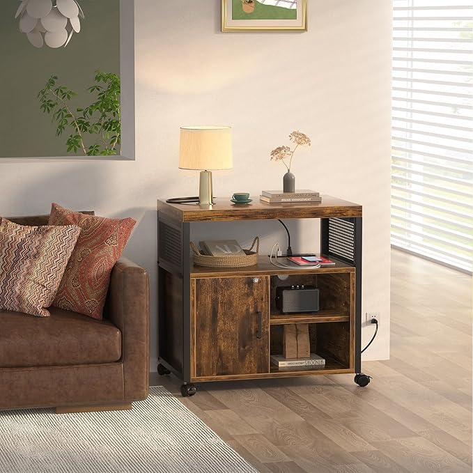 Unikito Rolling File Cabinet, Lateral Filing Cabinet on Wheels Mobile Office Printer Stand with Door and Open Storage Shelf for A4, Letter Size and Hanging File Folders, Lockable, Rustic Brown