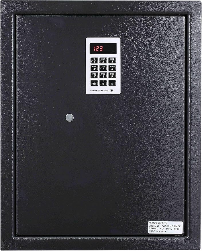 ProtexSafe Electronic Keypad Wall Safe (PWS-1814E)-Black, Burglary Resistant wall safe, digital electronic locking system, velvet interior, automatic door opening, 2 Removable shelves