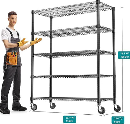 3300LBS 53.1" W 5 Tiers Shelf Steel Storage Shelving Utility Shelving Unit Steel Organizer Wire Rack for Home,Kitchen,Office,Garage Black 23.6" D x 53.1" W x 73.6" H
