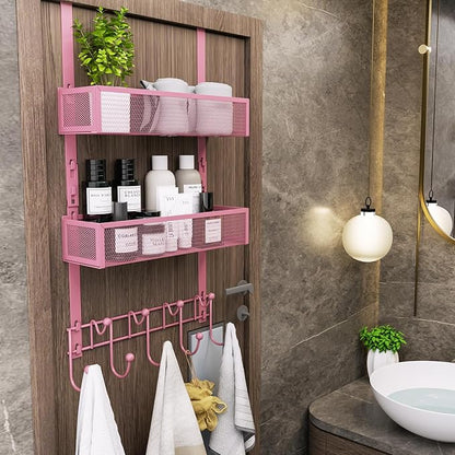 Consumest Over The Door Hooks Organizer - Extra Long Door Hanger with 9 Coat Hooks & 2 Mesh Basket, Back Storage Organizer Hanging Towels for Bathroom, Bedroom - Pink (for 1.76 in Doors)