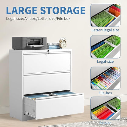 File Cabinets 3 Drawer,Metal Office Storage Filing Cabinet with Lock,White Lateral Filing Cabinet for Home Office,Horizontal Locking File Cabinets for Legal/Letter/A4 Files,Assembly Require