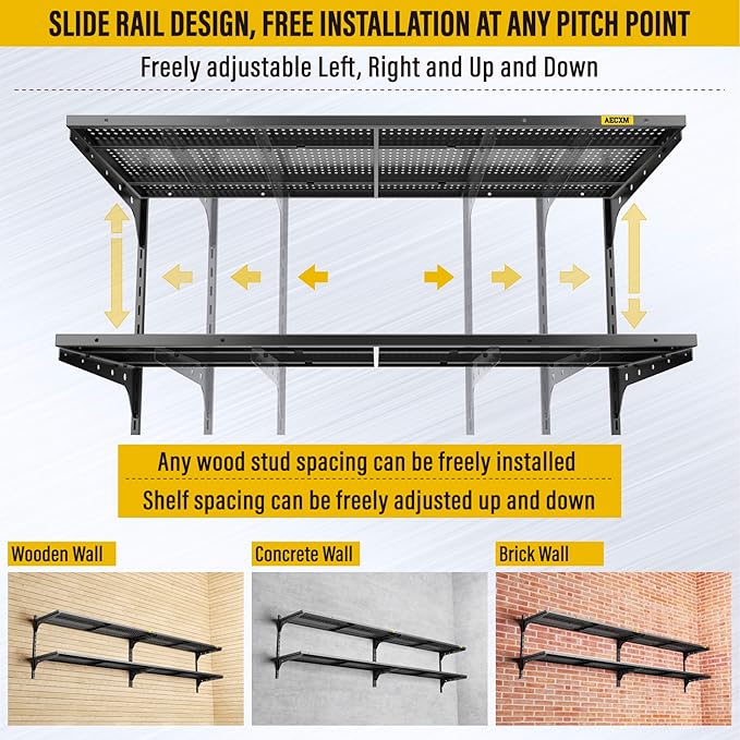2-Pack 2 Tier 1.3x4ft Garage Shelving Wall Mounted, 15.6x48inch per Shelf Height Cassette Adjustable Floating Shelves(Black)