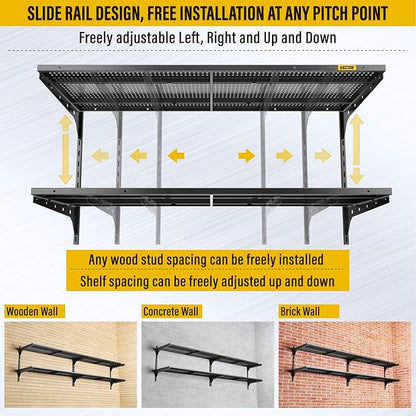 2-Pack 2 Tier 1.3x4ft Garage Shelving Wall Mounted, 15.6x48inch per Shelf Height Cassette Adjustable Floating Shelves(Black)