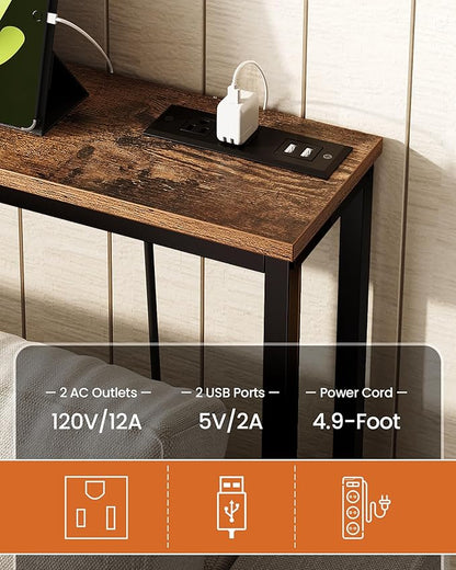 78.7'' Narrow Console Table with Power Outlet 7.1" Skinny Sofa Table, Long Behind Couch Table with Charging Station, Entryway Table for Hallway, Living Room Rustic Brown and Black TXG20UBF