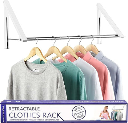 Double Foldable Clothing Rack w/Extension Rod, Wall-Mounted Retractable Clothes Hanger for Laundry Dryer Room, Hanging Drying Rod, Small Collapsible Folding Garment Racks, Dorm Accessories (White)