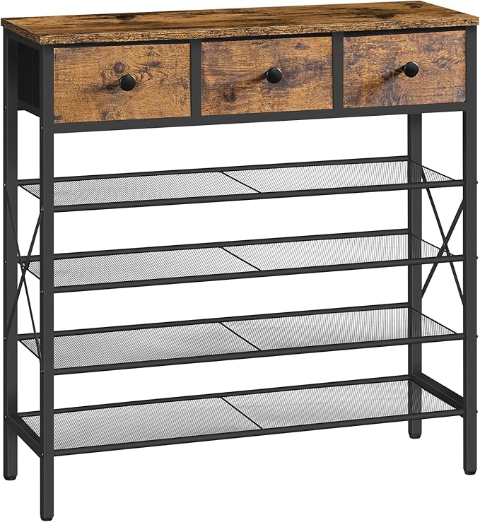 5-Tier Shoe Rack with 3 Drawers, Metal Shoe Organizer for 20 Pairs with Storage Shelves and Wooden Top, for Entryway, Hallway, Foyer, Closet, Rustic Brown and Black SS35BR