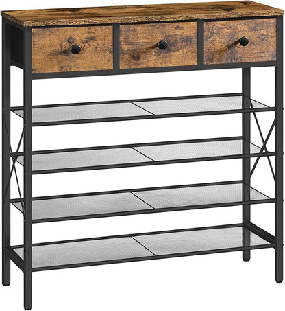5-Tier Shoe Rack with 3 Drawers, Metal Shoe Organizer for 20 Pairs with Storage Shelves and Wooden Top, for Entryway, Hallway, Foyer, Closet, Rustic Brown and Black SS35BR