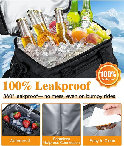 Insulated Lunch Bag for Men & Women, Double Leakproof Lunch Box Soft Cooler Tote with 5 Pockets, 600D Oxford, EVA Lining, Adjustable Strap for Work, Picnic, Beach&Travel-Black