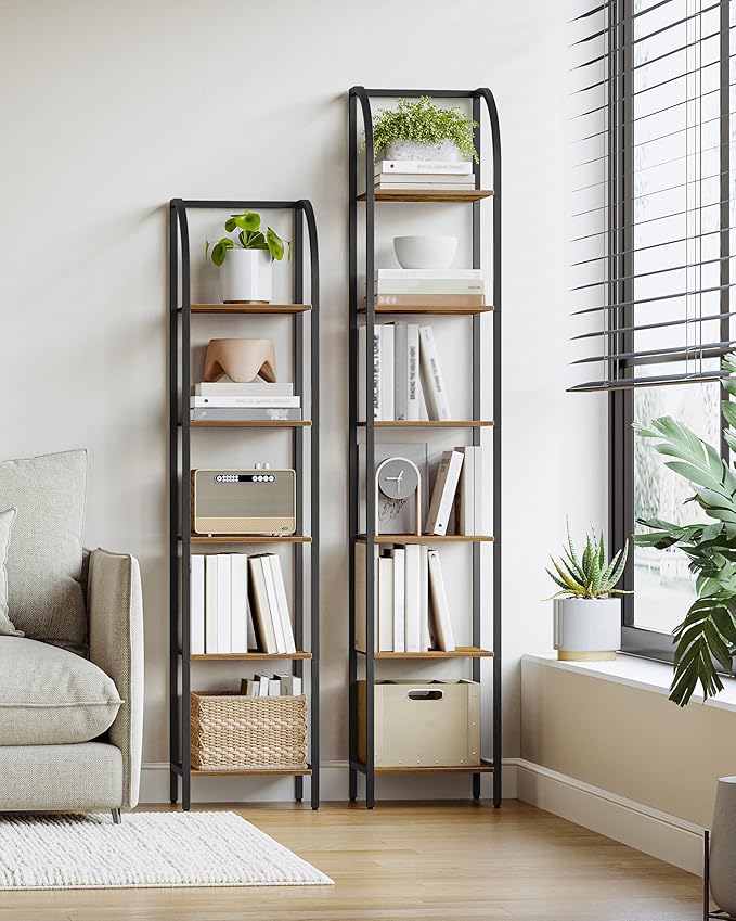 Bookshelf Narrow Bookcase, Tall Storage Rack with Steel Frame, Display Standing Shelf Unit, Skinny Book Shelf for Study Living Room Home Office, Industrial Style, 6-Tier Rustic Brown BC56001B