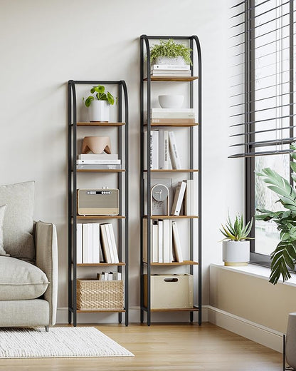 Bookshelf Narrow Bookcase, Tall Storage Rack with Steel Frame, Display Standing Shelf Unit, Skinny Book Shelf for Study Living Room Home Office, Industrial Style, 6-Tier Rustic Brown BC56001B