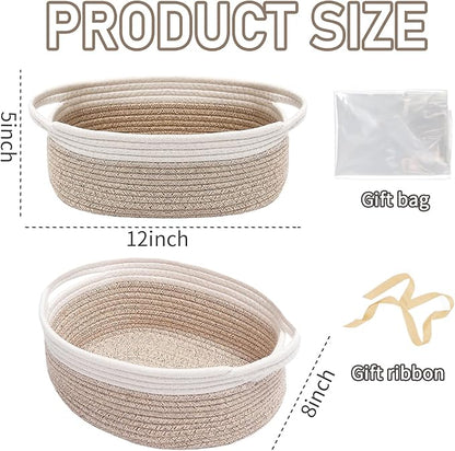 Woven Basket,Small Rope Storage Bin with Handles & Ribbon Bag, Organizer for Shelves Closets,Gift Basket Empty for Birthday,Books,Dog Toys, White&Oatmeal/2 Pack