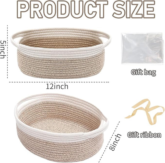 Woven Basket,Small Rope Storage Bin with Handles & Ribbon Bag, Organizer for Shelves Closets,Gift Basket Empty for Birthday,Books,Dog Toys, White&Oatmeal/2 Pack