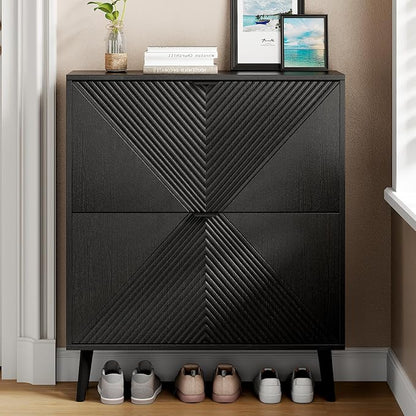 Shoe Cabinet Storage, Farmhouse Freestanding Organizer with 2 Flip Drawers and 4 Wooden feet, Narrow Shoe Rack Cabinet for Entryway, Foyer, Hallway, Black