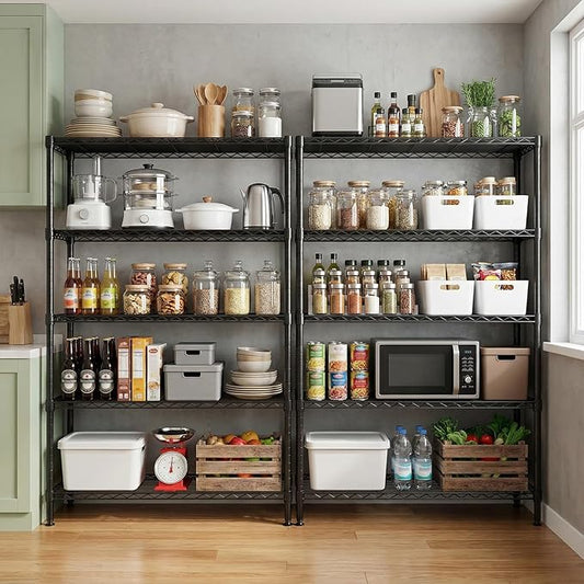 5 Tiers Shelf Metal Storage Shelves Standing 1750 LBs Household Shelf Organizer for Kitchen Pantry Closet Garage Basement Utility Room, Black15.7 D x 45.3" W x 70.4" H