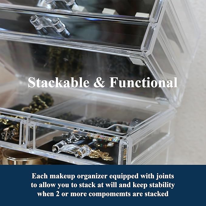 Sea Team 3-Tier Stackable Clear Makeup Organizer with Drawers, Acrylic Plastic Cosmetic Display Case, Jewelry Storage Box, Holder for Dresser, Bathroom, Vanity, Countertop (8 Drawers)