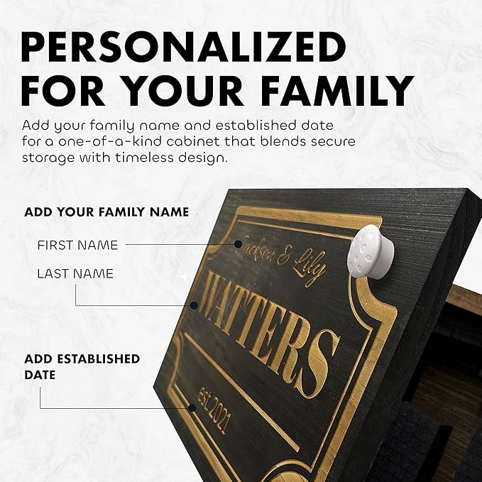 Bellewood Designs Customizable Hidden Gun Storage Wall Decor - Hidden Gun Safe with Family Name & Est Date - Magnetic Locking Concealment Shelf - Gun Concealment Furniture (Black)