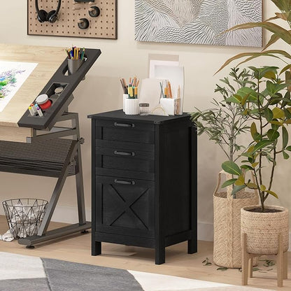HOMCOM 3 Drawer File Cabinet with Silent Slides, Vertical Filing Cabinet for Hanging A4/Letter Size, Rustic Farmhouse Printer Stand with Storage for Home Office, Distressed Black