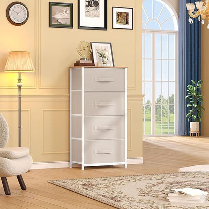 DWVO Storage Tower with 4 Drawers - Fabric Dresser, Organizer Unit for Bedroom, Living Room, Closets - Sturdy Steel Frame, Easy Pull Fabric Bins & Wooden Top (Cream White)