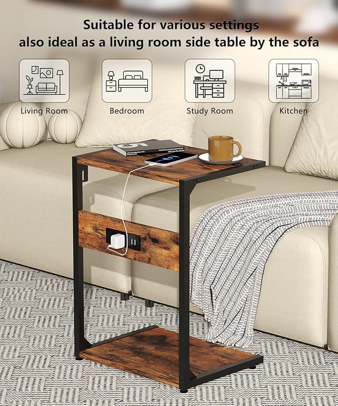 2 Tier Computer Tower Stand with Charging Station, 11.8" D x 16.5" W Rolling Floor PC Tower Stand Fits Under Desk, CPU Holder Cart for Carpet with Hooks, C Shaped End Table for Home Office