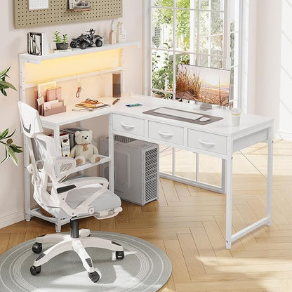 Grandder 50 Inch L Shaped Gaming Desk with 3 Drawers & Storage Shelves & Hutch, Computer Desk with USB Ports, Study Writing Table for Bedroom, Simple Modern Laptop Desk for Home Office, White