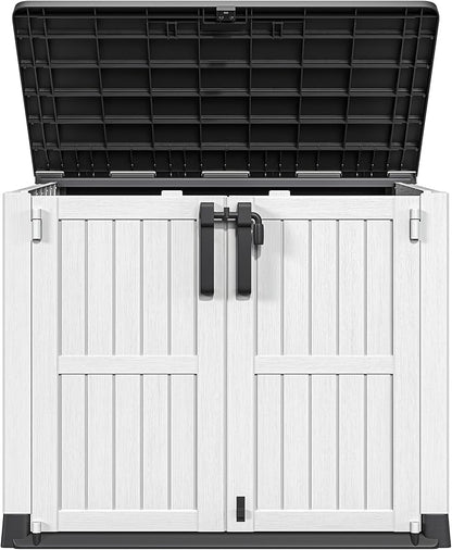 DWVO 36 cu ft Tool Storage Shed, Storage for Bakcyard, Patio, and Garden, Resin Plastic Shed with Sloped Lid, Lockable Door, and Wood Grain Finish, Light Gray