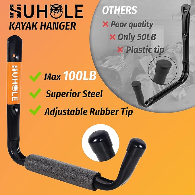HUHOLE 4 Pack Garage Storage Hooks Heavy Duty–13.6" Extra Large Jumbo Arm Wall Mount Hangers for Kayak, Ladder, Canoe, Snowboard & Folding Chairs–70lbs Capacity Utility Organizer Rack (Black)