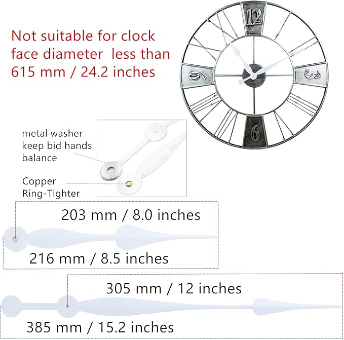 TIKROUND Youngtown 12888 High Torque Long Shaft Clock Movement Mechanism with 12 Inch Long Spade Hands (White 1 Set)