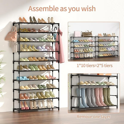 10 Tiers Shoe Rack Large Capacity Tall Shoe Organizer Sturdy Shoe Storage with Two Hooks Space Saving Metal Wide Shoe Rack for Closet, Entryway, Bedroom, Black