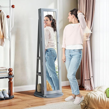 HOMCOM 360° Swivel Jewelry Cabinet, Lockable Jewelry Armoire Organizer with Full-Length Mirror, Back Storage Shelves, Interior Small Mirror, for Bedroom Living Room, Gray