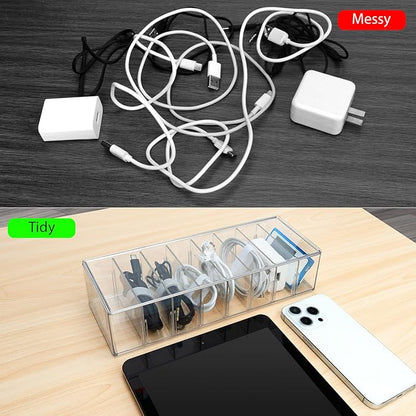 Cable Organizer Box with 10 Wire Ties, Clear Charger Cord Storage Organizer Case, Desktop Drawer Accessories Power Wire Storage with 8 Compartments, Office, Home, Stationery Storage Supplies