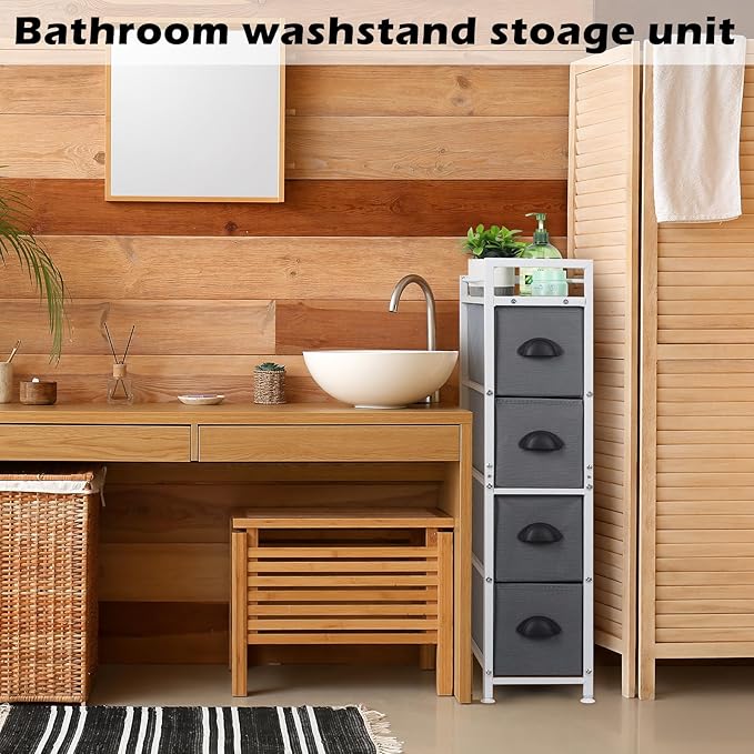 HAITRAL Narrow Dresser - 4 Drawers Slim Fabric Storage Cabinet - Vertical Standing Storage Chest - Gaps Tower Organizer with Removable Drawers and Wooden top for Laundry,Closet,Living Room,Entryway