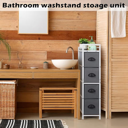 HAITRAL Narrow Dresser - 4 Drawers Slim Fabric Storage Cabinet - Vertical Standing Storage Chest - Gaps Tower Organizer with Removable Drawers and Wooden top for Laundry,Closet,Living Room,Entryway