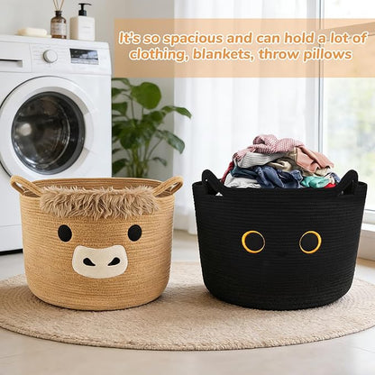 Large Black Cat Basket for Nursery, Cute Cat Woven Laundry Blanket Cotton Rope Extra Storage Basket with Handles, 0rganize Decorative Gifts for Towels Pillow Clothes Hamper Toy Bin,23"D×13"H