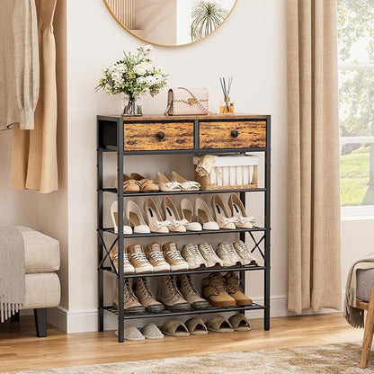 Shoe Rack for Entryway, 5 Tier Shoe Organizer with 2 Non-woven Drawers, Metal Storage Shoe Shelf for 16-20 Pairs of Shoes, with Wooden Top and Steel Frame, Shoe Stand for Closet Rustic Brown