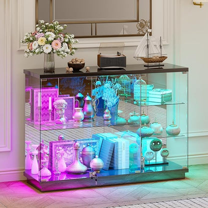 HNEBC 47.2" W Display Cabinet - with Lockable Glass Door,5-Tier Glass Display Case with 12 Lights Modes for Collectibles,Lighted Cuiro Cabinet with Human Sensor,China Cabinet,Living Room,Black