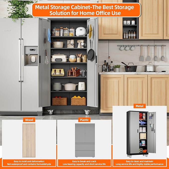 Garage Storage Cabinet with Wheels and Pegboard, 71"H x 32"W x 16"D Lockable Metal Storage Cabinet with 5 Adjustable Shelves and 2 Doors for Garage Home, Assembly Required, Black and Dark Grey