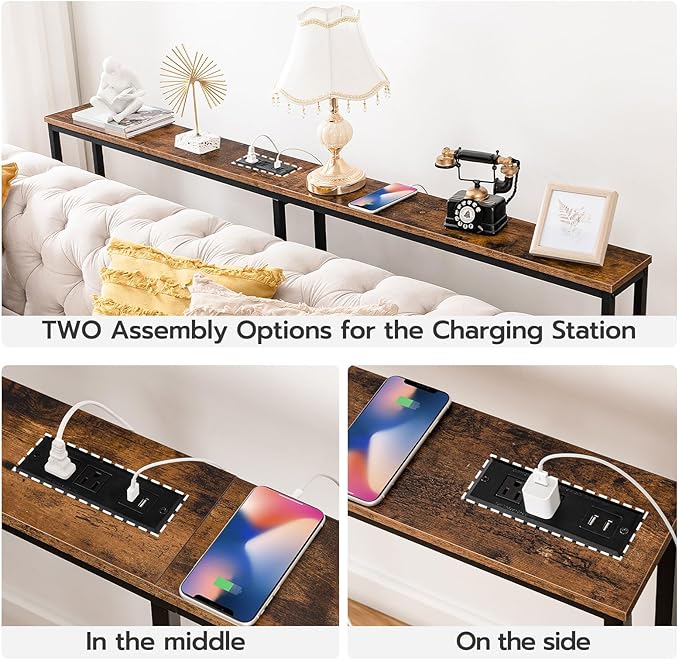 HOOBRO 78.7" Narrow Console Table with Charging Station, 5.9" Sofa Table with 2 Power Outlets and USB Ports, Long Entryway Tables Behind Couch Table, for Hallway, Livingroom, Rustic Brown BF205UXG01G1