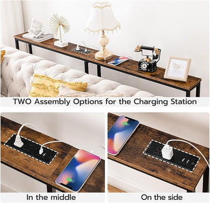 HOOBRO 78.7" Narrow Console Table with Charging Station, 5.9" Sofa Table with 2 Power Outlets and USB Ports, Long Entryway Tables Behind Couch Table, for Hallway, Livingroom, Rustic Brown BF205UXG01G1