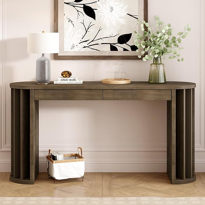 59-inch Long Console Table, Oak Veneer Sofa Table, Curved and Straight Line Design Couch, Farmhouse Entryway Table for Entrance, Hallway, Living Room (Natural-J49)