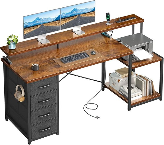 ODK 55 Inch Computer Desk with Power Outlets & 4 Drawers, Home Office Desk with Monitor Stand & Storage Shelves, Vintage