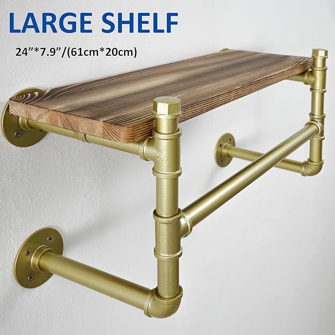 WEBI Wall Mounted Clothes Rack with Shelf,24" Industrial Pipe Clothing Rack with Shelf with Hanging Rod,Heavy Duty Iron Garment Rack Bar,Retail Display Clothes Rod for Laundry Room,Closet,Gold