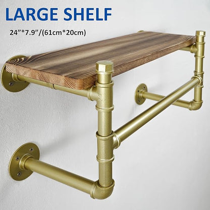 WEBI Wall Mounted Clothes Rack with Shelf,24" Industrial Pipe Clothing Rack with Shelf with Hanging Rod,Heavy Duty Iron Garment Rack Bar,Retail Display Clothes Rod for Laundry Room,Closet,Gold