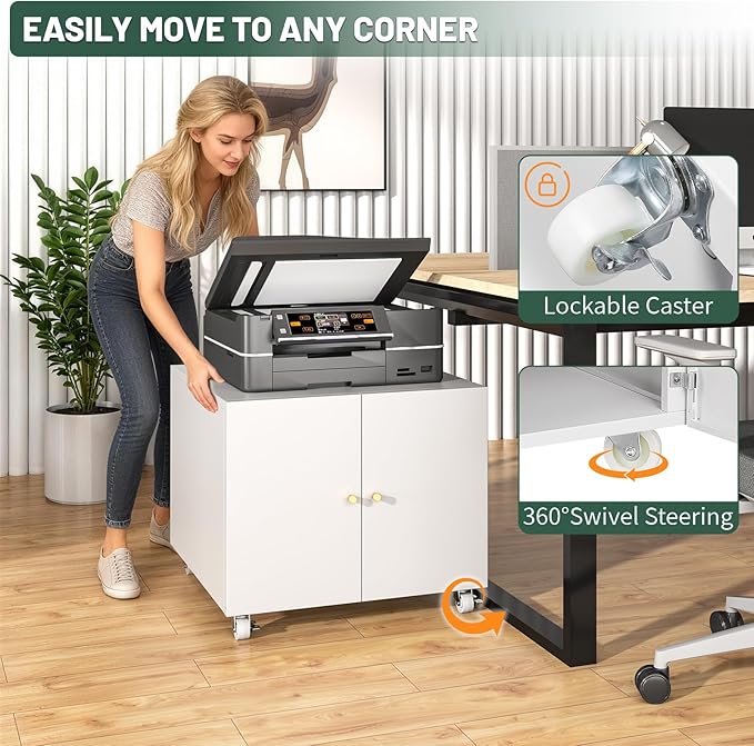 Printer Stand with Storage Cabinet with Wheels,3D Heavy Duty Metal Large Printer Table with Adjustable Shelf for Home Office, Mobile Printer Cart,White,17.7" H