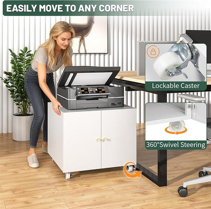 Printer Stand with Storage Cabinet with Wheels,3D Heavy Duty Metal Large Printer Table with Adjustable Shelf for Home Office, Mobile Printer Cart,White,17.7" H