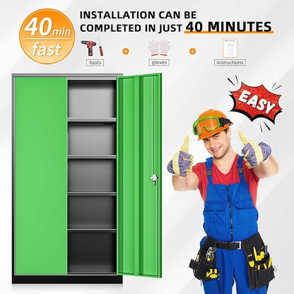 INTERGREAT Metal Lockable Storage Cabinet, 72” H Storage Cabinet with 2 Doors and 4 Adjustable Shelves for Office, Home, Garage, Pantry (Assembly Required, 18”D, Black Green)