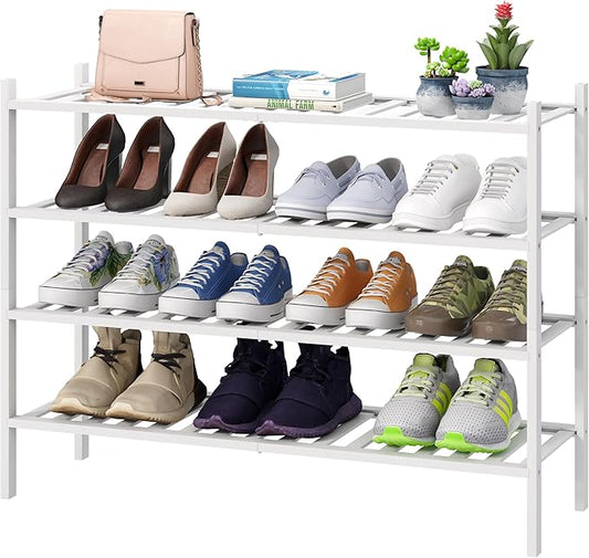 White 4-Tier Long Shoe Rack, Bamboo Wood, 33-Inch